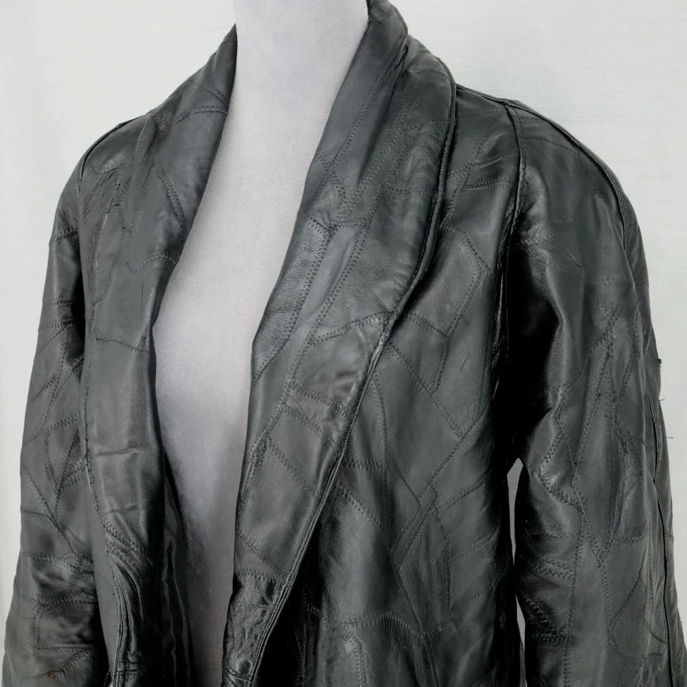 Navarre Leather Coat Jacket Womens Medium Black Lined Patchwork Look Outdoor
